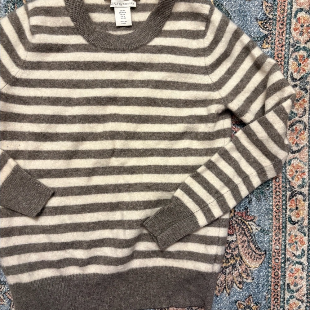 100% 2 Ply Cashmere C&C California Taupe and Cream Striped Crewneck Sweater